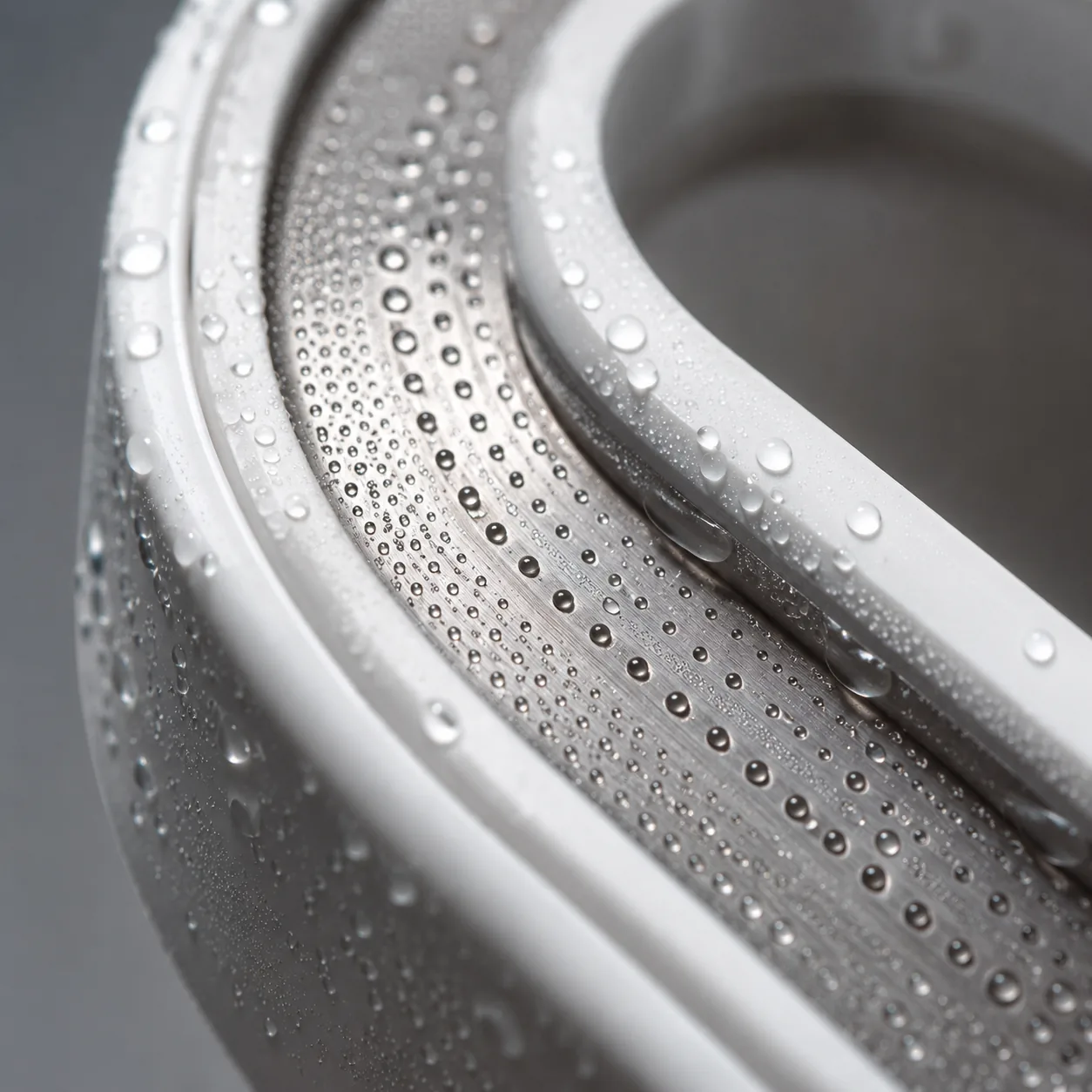 Makro-Detail des perforierten Mikro-Düsen-Rings mit Wassertropfen